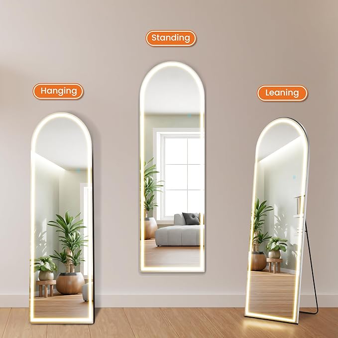 Sweetcrispy Arched LED Full Length Mirror with Stand, 60"x16" Lighted Floor Body Mirror with Dimming & 3 Color Lighting, Hanging or Leaning, Floor Standing for Bedroom, Dressing Room