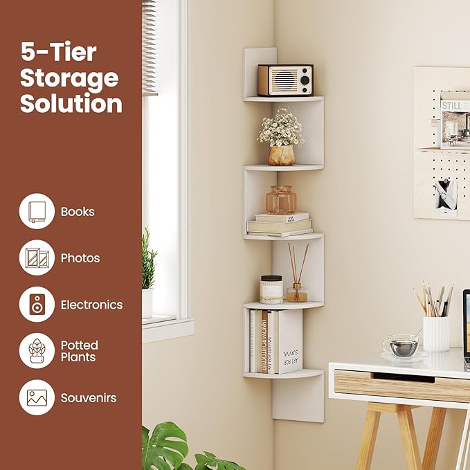 Giantex Corner Shelf Wall Mounted, 5-Tier Floating Corner Bookshelf, Home Storage Organizer, Wooden Display Stand Rack for Wall, Plant Shelf for Living Room, Bedroom, Kitchen (1,White)