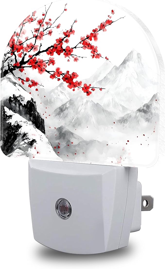 Night Light, Plum Blossom and Snow Mountain Night Lights Plug into Wall Dusk to Dawn Sensor Round Nightlight for Women Men Energy Efficient Led Lamp 0.5W for Stairway Hallway Bedroom