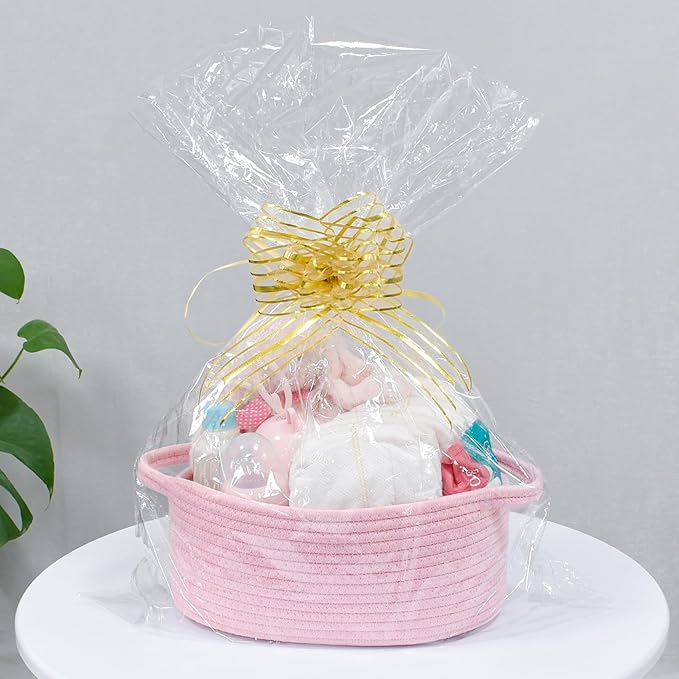 ABenkle Small Basket, 12"x 8" x 5" Cute Small Woven Basket, Rope Room Shelf Storage Basket, Cat Dog Toys Basket Chest Box, Decorative Empty Gift Basket with Handles - All PInk