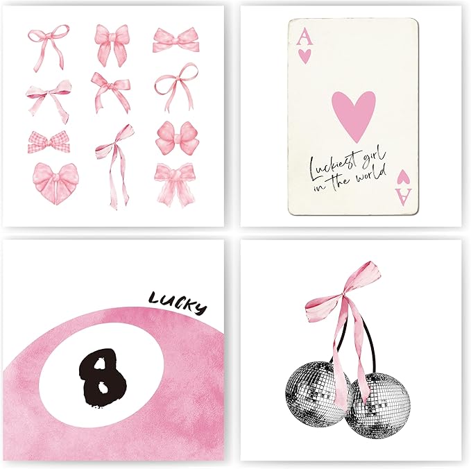 okaxscm Pink Coquette Trendy Preppy Wall Art Prints Set of 4, Coquette Room Decor, Preppy Room Decor Aesthetic, Pink Bow Disco 8 Ball Cherry Wall Decor Posters for Girls Bedroom Dorm, 10x10 Unframed