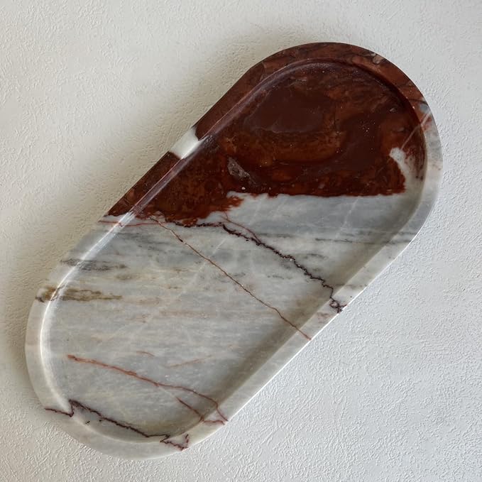 Natural Marble Oval Tray Ornaments Vintage Small Tray Storage Dish for Counter, Vanity, Dresser, Nightstand and Desk (Calacatta Red)