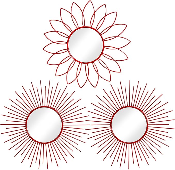 3 Pack Metal Mirrors for Wall Sunburst Wall Mirrors Home Décor Decorative Hanging Wall Art for Living Room Bedroom Entryway (Red, Flower+Sunburst)