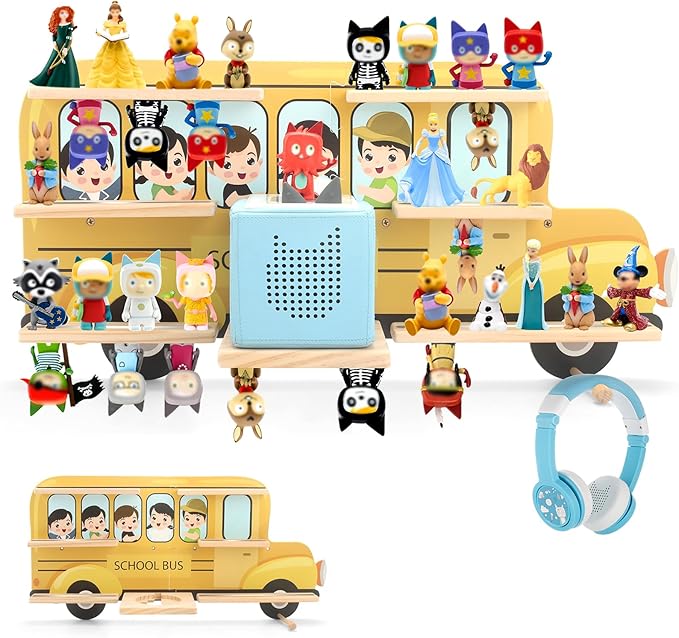School Car for Tonies Box 1/2 Tonies Figures Organizer Storage Shelf Wall Mounted, Magnetic Display Collection 30~40 Characters Floating Shelves Storage Player, Earphones
