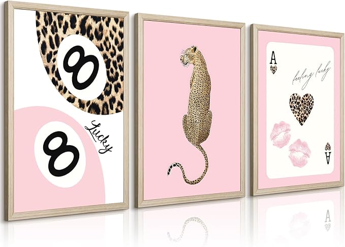 Trendy Leopard Wall Art Cheetah Print Canvas Wall Decor 8 Ball Poster Preppy Room Aesthetic Pictures Funky Coquette Vintage Prints Y2k Fashion Lucky Posters for Bedroom 24x36x3 Inch Framed