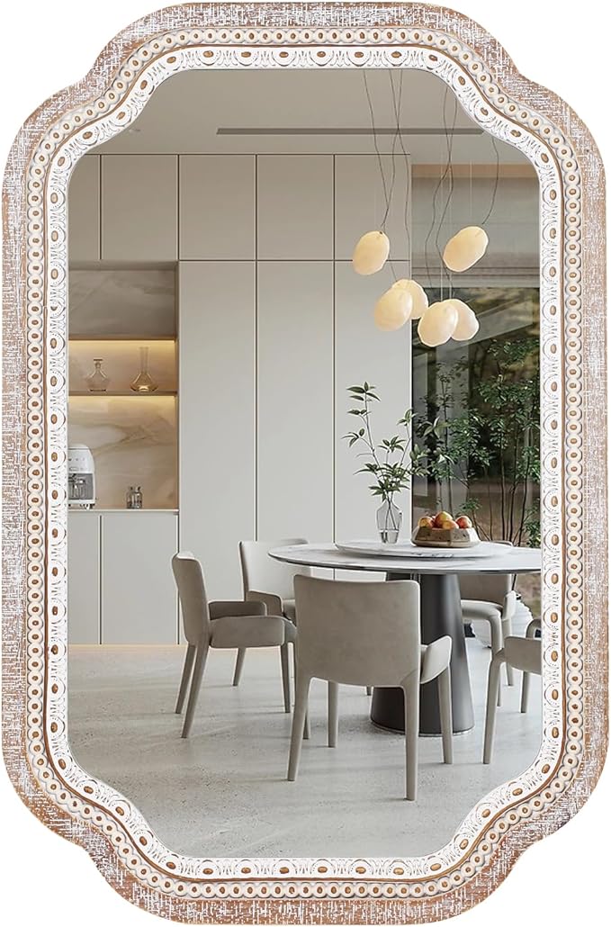 Reflinto 36x24 inch Rustic Farmhouse Wall Mirrors for Entryway, Boho Wooden Scalloped Decorative Mirror for Bathroom Over Sink, Foyer, Hallway, Living Room - Vertical/Horizontal