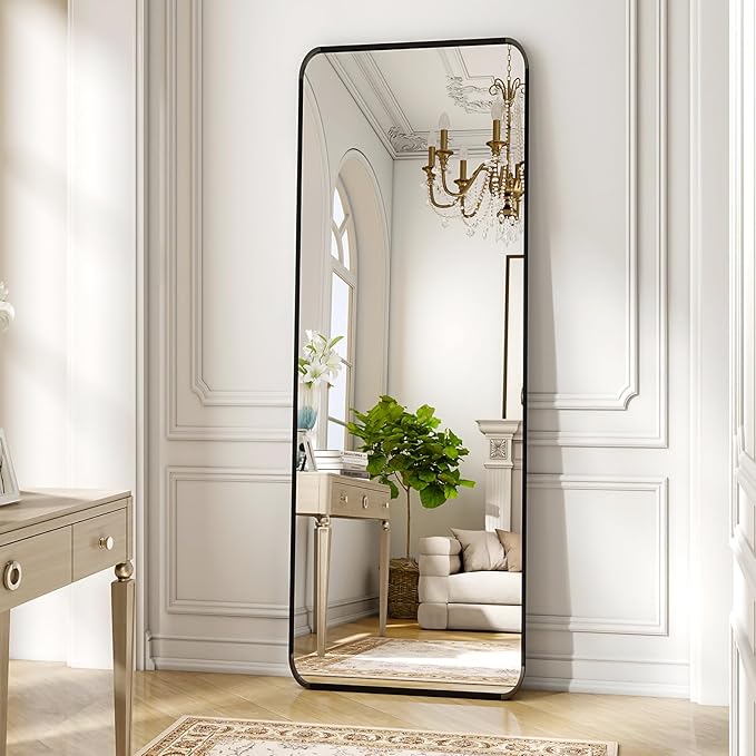 Black Full Length Mirror 16 x 59 Inch Nano Floor Mirrors with Stand, Rounded Corner Full Body Mirrors with Aluminum Alloy Frame for Bedroom Living Room Checkroom