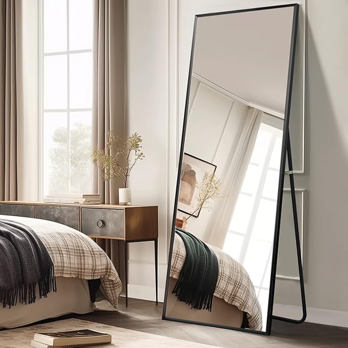 NeuType Full Length Mirror, 64"x22" With Stand Wall Mounted or Floor Standing, Large Dressing Mirror for Hanging or Leaning Against Wall, Aluminum Alloy Thin Frame (Black)