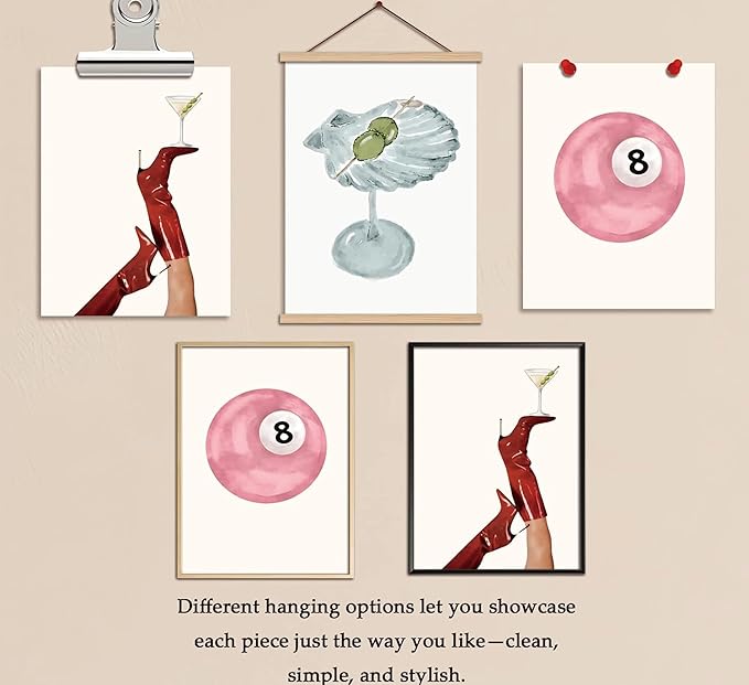 YZLYAD 3Pcs Funky Martini-Themed Wall Art,Vintage Preppy Aesthetic Fashion Pink Number 8-Ball Canvas Prints Poster, Y2k Girl's Room Wall Decor for Living Room Bedroom Dorm 24x16 In Unframed