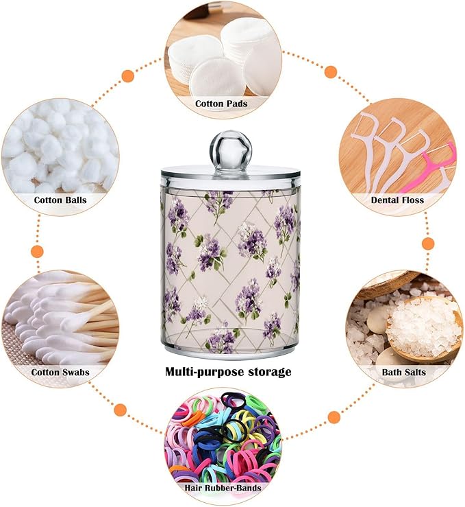 2 Pack Apothecary Jars Vintage Purple Clover Floral Art Bathroom Vanity Storage Organizer Set,Small Clear Plastic Storage Jars Bathroom Canister for Cotton Swabs, Rounds, Balls, Qtips,Makeup Sp