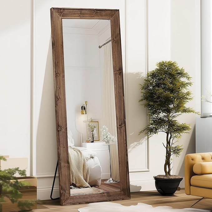 Full Length Mirror 65"x24" - Beveled Edge Rustic Brown Dressing Mirror, Solid Wood Frame, Wall Mounted or Standing for Bedroom, Entryway, Living Room