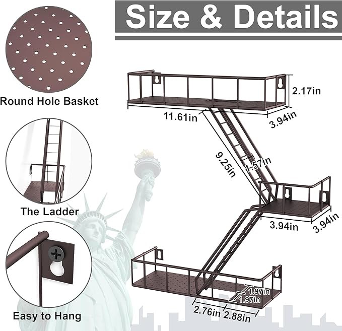Fire Escape Shelf - 3 Tier Metal Coffe Fire Escape Wall Shelves with Baskets, New York Action Figurine Display Shelf, Unique Rustic Floating Decorative Wall Shelves for Any Room