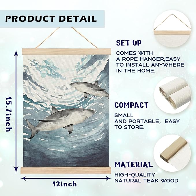 RYYCDOI Shark Wall Decor, Shark Bathroom Decor, Under the Sea Wall Art for Nursery Kids Room, 12x16 Inches