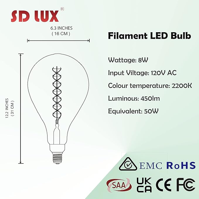 SD LUX Oversized Vintage LED Light Bulbs 8W, Medium Base E26, Giant Huge Edison Bulb PS52(PS160) Large Decorative Bulbs, Dimmable 450LM(50W Equi) Pendant Lighting Warm White 2200K,1 Pack