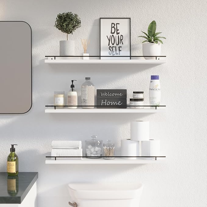 WOPITUES Floating Shelves 24 inch with Gold Metal Guardrail, Shelves for Wall Decor Set of 3, Wall Shelves for Bedroom, Bathroom, Kitchen, Living Room, Plants, Picture Frames, Art- Black and White