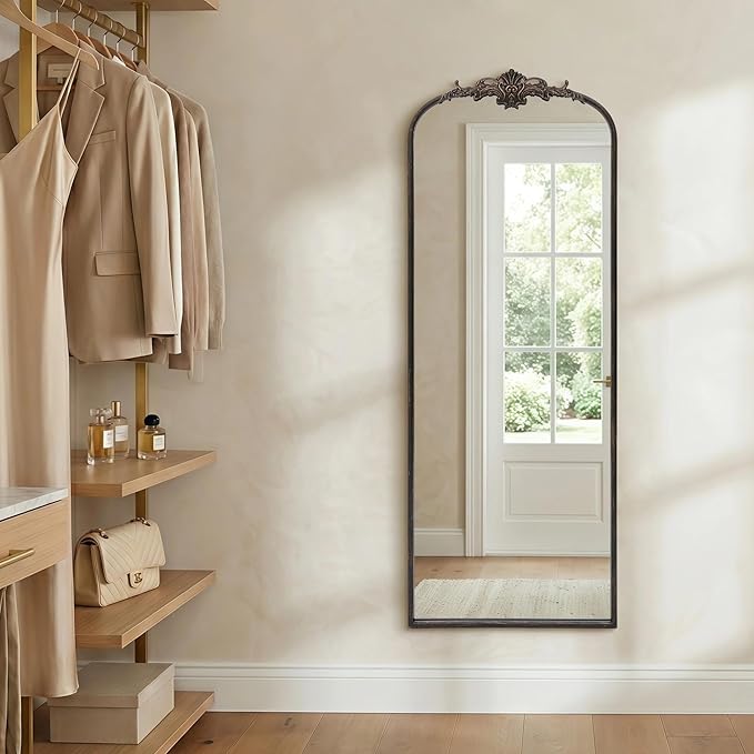 Besdomus Arched Mirror Full Length: 21"x56" French Black Vintage Full Body Mirror - Floor Antique Baroque Traditional Ornate for Entryway/Cloakroom/Bedroom/Living Room - Home Decor for Homemakers