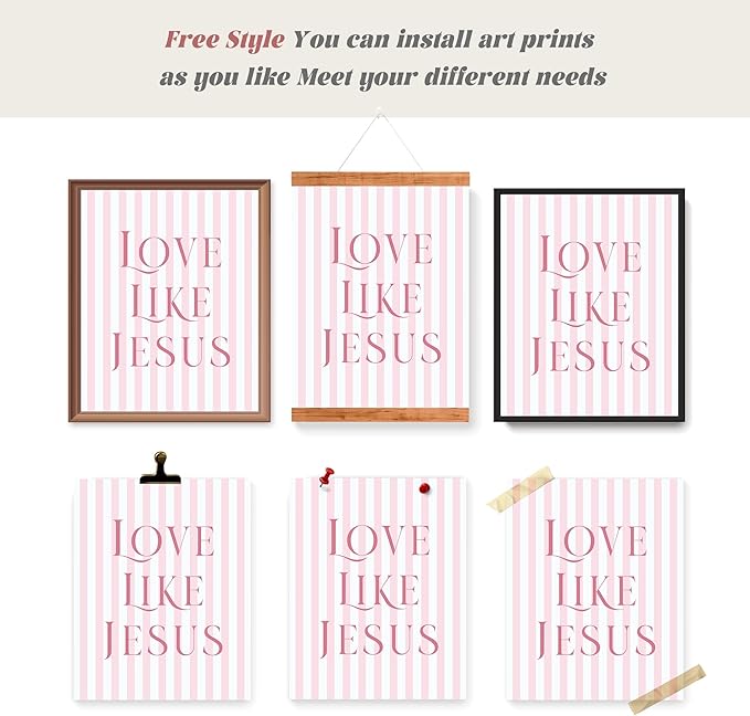 LARTSFRO Coquette Pink Bow Jesus Wall Art Decor Posters, Light Pink Bow Christian Room Bedroom Bathroom Dorm Wall Art Decor Aesthetic for College Teen Girls Gifts, Inspirational Bible Verses Bow Wall Decor, 10x8 Inch Set of 4 Bow Pictures (UNFRAMED)