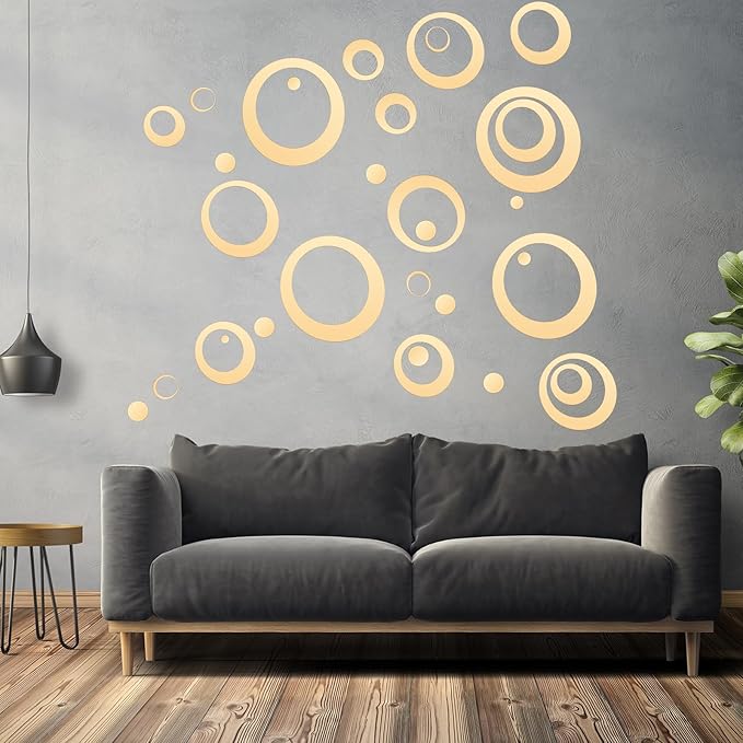 32 Pieces Removable Circle Wall Mirror Sticker Round Decal Acrylic Setting for Home Living Room Bedroom Decor, 1.5-13.5 cm (Gold)
