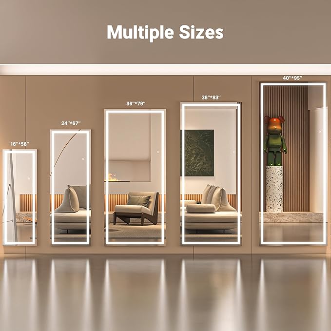 Full Length Mirror with Lights, 67" x 24" LED Lighted Floor Standing Body Mirror, Dimmable & 3 Color Lighting for Bedroom, Cloakroom, Dressing Room, Tempered Glass, White Frame