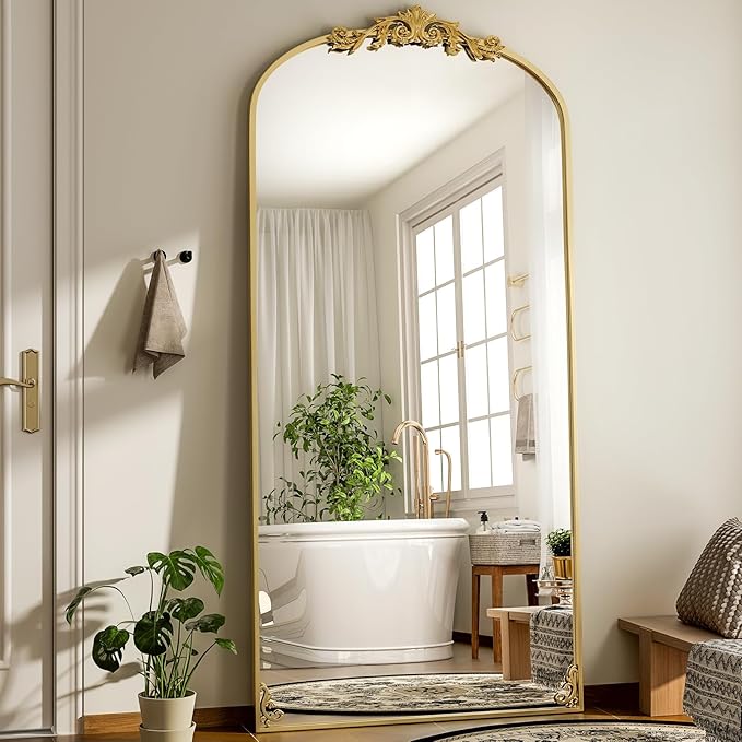 GLSLAND 77"x 38" Vintage Full Length Mirror - Large Carved Floor Mirror with Metal Frame Baroque Arched Full Body Mirrors for Bathroom/Living Room/Entryway,Gold
