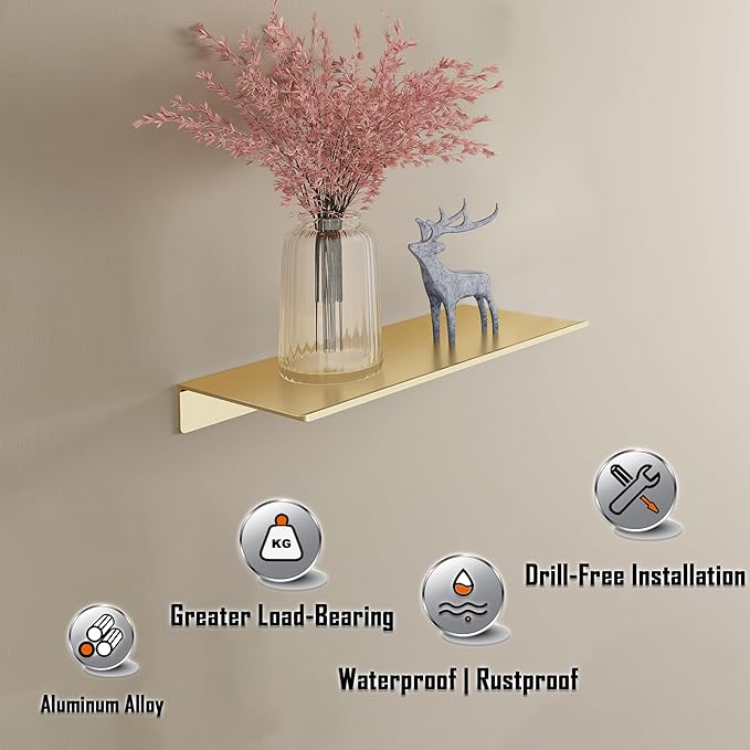 HNVNER Metal Wall Shelves Set of 2, Brushed Gold Floating Shelf, 30CM Wall Decorative Shelf for Photos, Collectibles, Vases, Trinkets, Crafts, Trophy, etc. Shower Caddy
