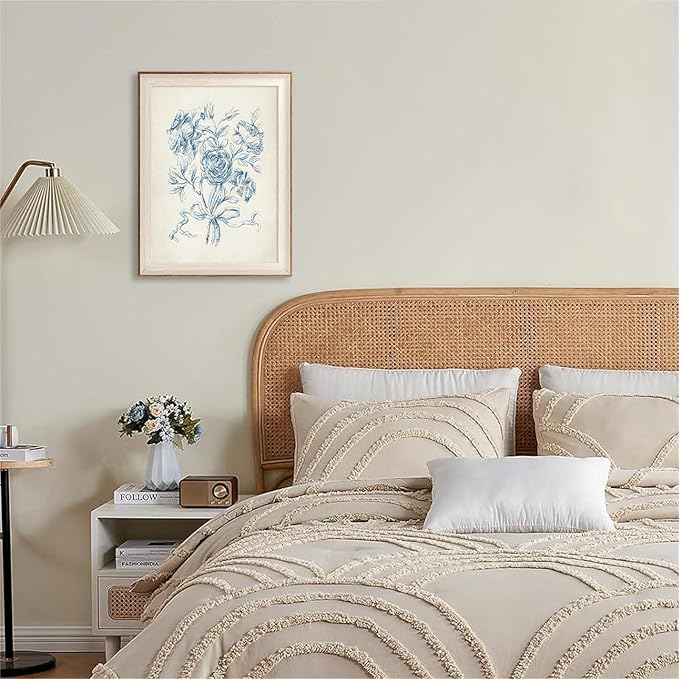 ASTRDECOR Framed Vintage Wall Art for Bathroom, Botanical Blue Wall Art for Home Decor Aesthetic, Victorian Blue Rose Bouquet Sketch Painting Floral Canvas Art Prints, Antique Flower Pictures for Living Room - 12''x16''