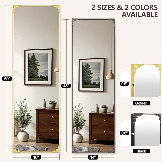 50"x16" Door Mirror, Rectangle Full Length Mirror, Over the Door Mirrors Full Length, Hanging Mirrors for Bedroom, Bathroom, Black