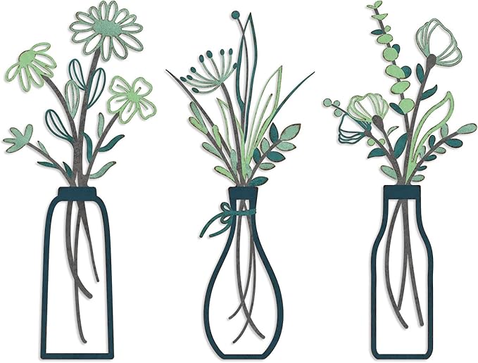 Pigort 3 Pieces Metal Flowers Wall Arts - Rustic Farmhouse Style Décor Metal Wall Art Minimalist Flower Natural Themed Wall Decors for Home Bedroom Dining Room Housewarming (Deep green)