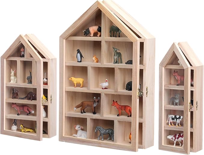 DoubleFill Set of 3 Wooden Trinket Display Shelf Shadow Box with Shelves 10 x 15 Inch Large Wall Mounted Display Storage Mini Figures Curio Trinket Medals Crafts Collections(Wood Color,House Shape)