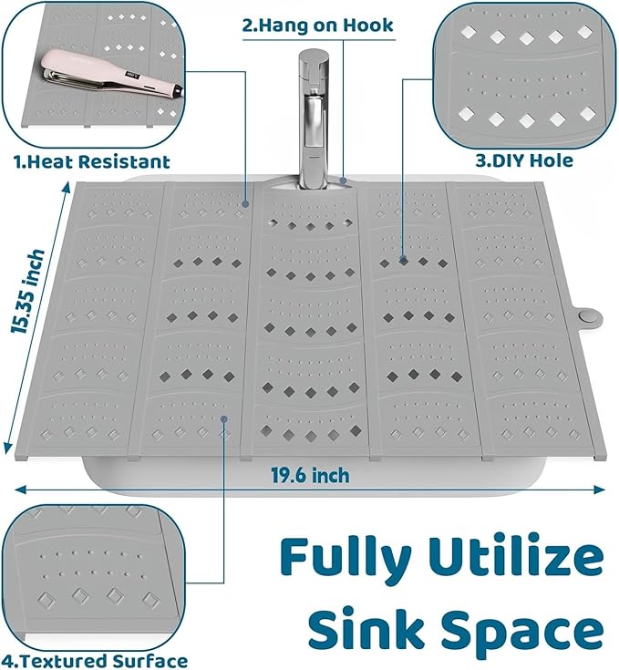Bathroom Sink Cover for Counter Space, Foldable Silicone Makeup Mat for Hair Styling and Hot Tools, Steel Frame Core Sink Organizer for RV Camper and Small Vanity, DIY Cut to Fit, Grey