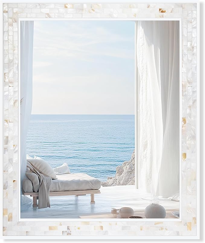 Tanmicoshomy 30 x 36 Inch White Rectangle Wall Mirror, Natural Shell Framed Rectangular Mirrors for Bathroom Bedroom, Living Room, Entryway, Wall Mounted Horizontal or Vertical