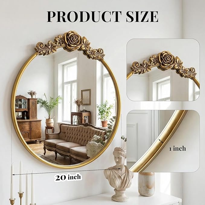 Vintage Baroque Round Wall Mirror 24" Circle Gold Mirror for Bathroom Antique Ornate Carved Frame Accent Mirror for Living Room Bedroom Entryway Vanity