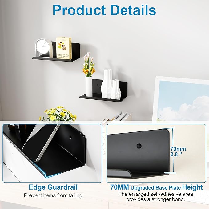 SAYAYO Black Floating Shelves for Wall Storage, 8 Inch Screw or Self Adhesive Wall Shelves for Bedroom Decor, Small Display Bathroom Shelf Organizer for Kitchen, Living Room, Office, 2pcs