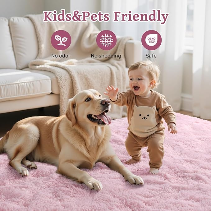 Pink Rugs for Living Room Fluffy 4x6 ft Bedroom Rug Non-Slip Area Rugs Shag Carpet for Nursery Kids PlayRoom Dorm Office Indoor Modern Plush Carpets Girls