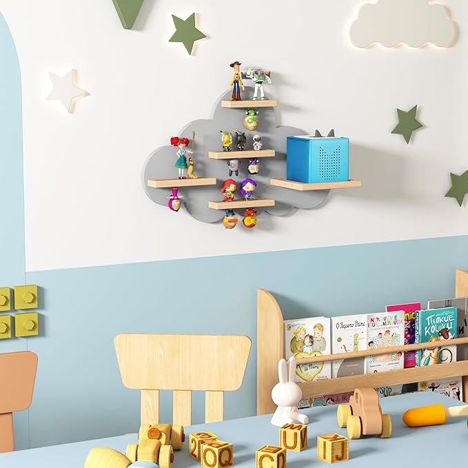 Grey Cloud Tonie Shelf Wall Mounted, Magnetic Floating Shelves for Toniebox, Tonies Characters, Wooden Tonie Storage Shelf for Kids Room