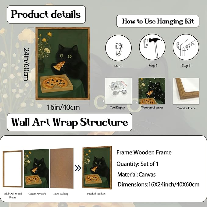 Funny Black Cat Wall Art Whimsical Black Cat Eating Pizza Wall Decor Cute Animal Dark Green Kitchen Poster Canvas Prints for Bedroom Living Dining Room 16x24 inch Wood Framed