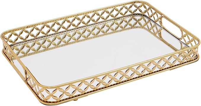 14.9 Inch Round Gold Mirrored Vanity Tray,Metal Mirror Decorative Jewelry Storage Tray,Perfume Makeup Organizer Trays for Dresser Bathroom Counter Home Decor (Rectangular)