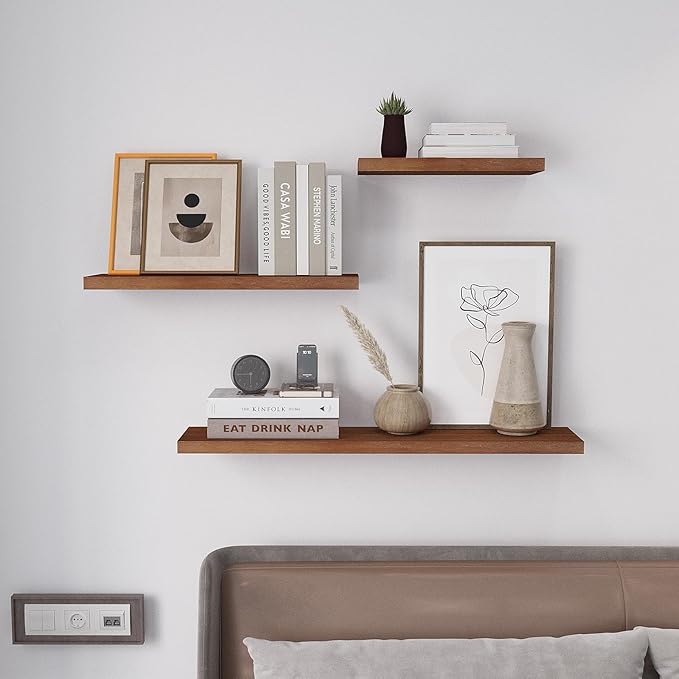 SAUMONIERES Floating Wall Shelves for Bedroom Bathroom Wall Mounted Solid Wood 36 Inches Long Shelf Set of 2, Walnut Floating Shelves
