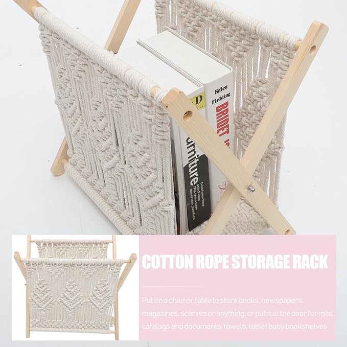 BESTOYARD Boho Cotton Rope Woven Storage Rack 14.56X10.23X15.15 Inch Rustic Magazine Holder and Organizer Basket for Books Newspapers Towels Home Office Decor