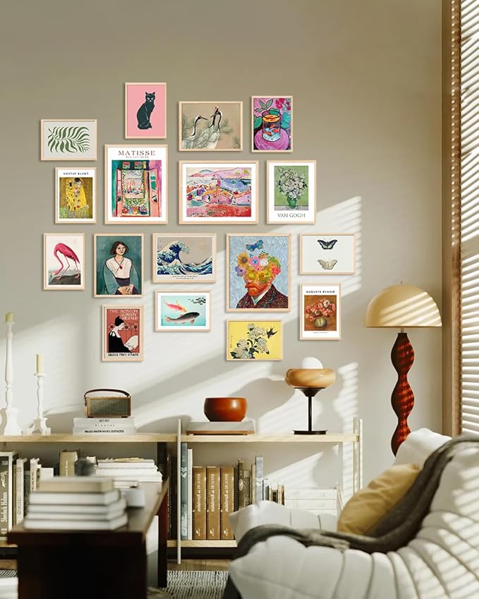 KBKBART Set of 17 Eclectic Wall Art Prints, Colorful Maximalist Wall Decor Canvas Boho Gallery Prints Collage, Vintage Famous Artists Painting Pictures Aesthetic Poster for Funky Room Decor, Eclectic Home Decor for Bedroom Dorm - Unframed