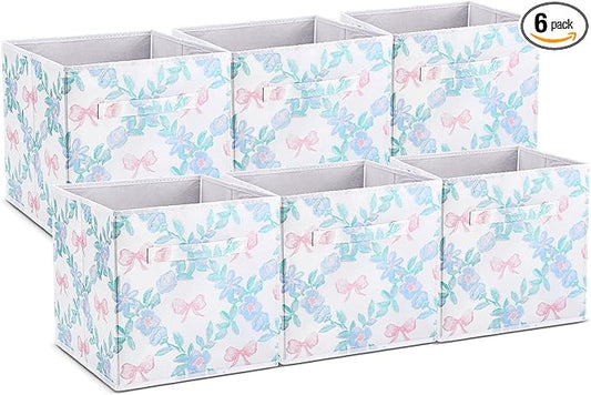 Geelin 6 Pcs Blue Floral Bow Cube Storage Bins 11 Inch Blue Flower Storage Basket with Handle, Preppy Girls Organizer Basket, Collapsible Fabric Box for Classroom Bedrooms Office Home Decoration Gift