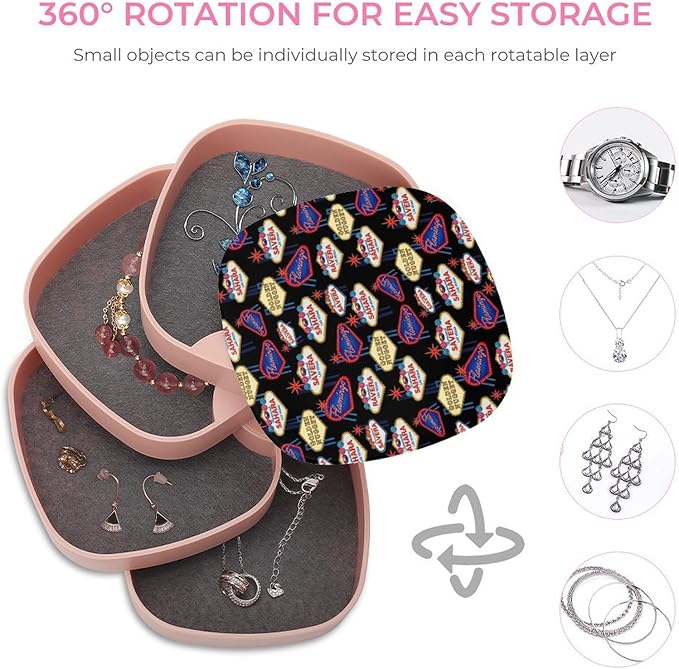 4-Layers Rotatable Jewelry Organizer Storage Box with Mirror Earring Holder Earring Storage Case for Women (Las Vegas Skyline)