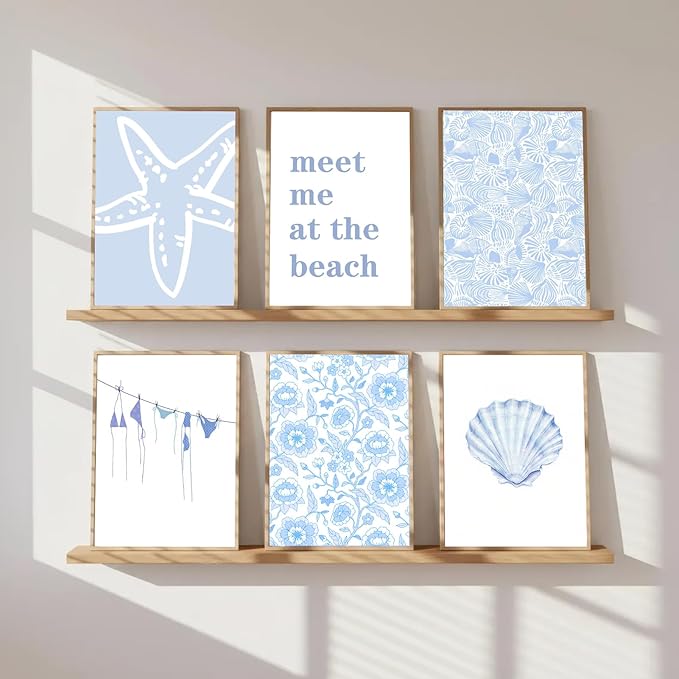 Zuowclli 6Pcs Coastal Granddaughter Wall Art Prints Blue Beachy Shell Bikini Wall Decor Pictures Summer Meet Me At The Beach Preppy Aesthetic Posters for Girly Bedroom Dorm Apartment Unframed 8x10in