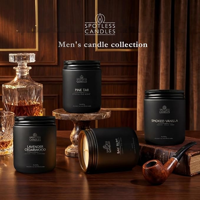 Scented Candles for Men - Soy Candles in Gift Box & Protective Shipper - Men Candle Set x 4 - Cedarwood & Lavender/Bay Rum/Pine Tar/Smoke & Vanilla - Spotless Leopard