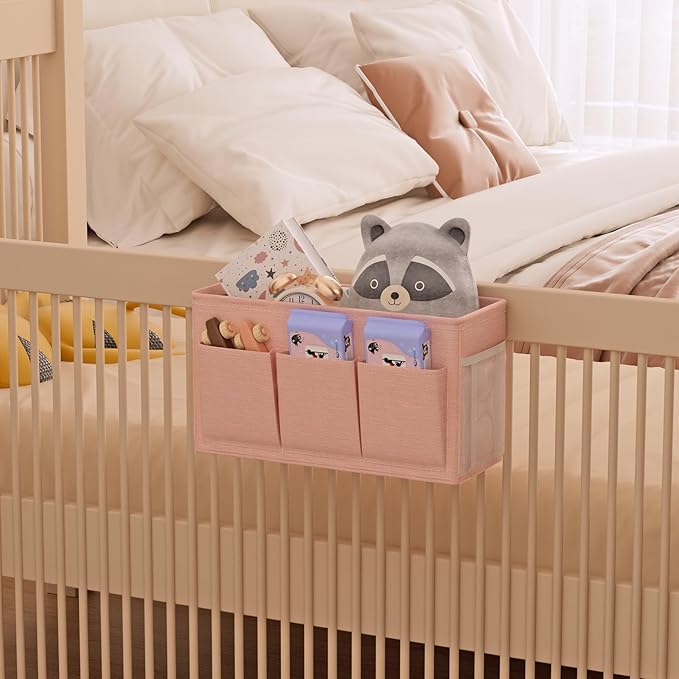 Edudif Dual-purpose Bedside Caddy Bedside Organizer, Bed Caddy with 6 Pockets, Versatile Bedside Storage Solution Magazine Remotes holder, ideal for Home, Dorm, Hospital, Crib Bed (Pink)