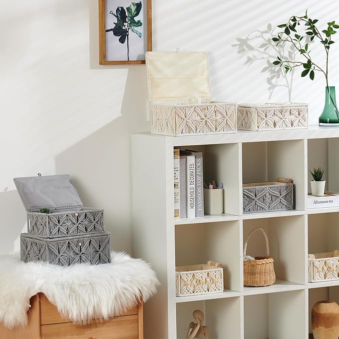 Decorative Boho Storage Baskets with Lid Bohemian Macrame Jewelry Box Handmade Natural Cotton Rope Woven Bins Memory Keepsake Photo Makeup Organizer Shelf Container (Off White, Large)