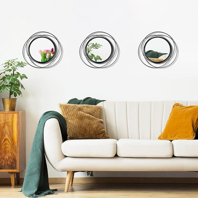 3 Set 9.5 Inch Black Circle Mirrors Wall Decor Iron Frame Wire Mirror Metal Circular Mirror Home Decor Hanging Mirrors for Room/Bedroom/Bathroom/Entryway