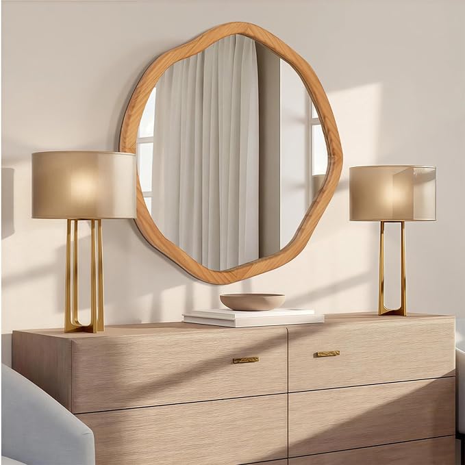 ULIKE Round Wood Mirror, 24 Inch Irregular Circle Vanity Wall Mirror with Wooden Frame, Rustic Decorative Wall Mount for Bathroom Bedroom Living Room Entryway, Natural