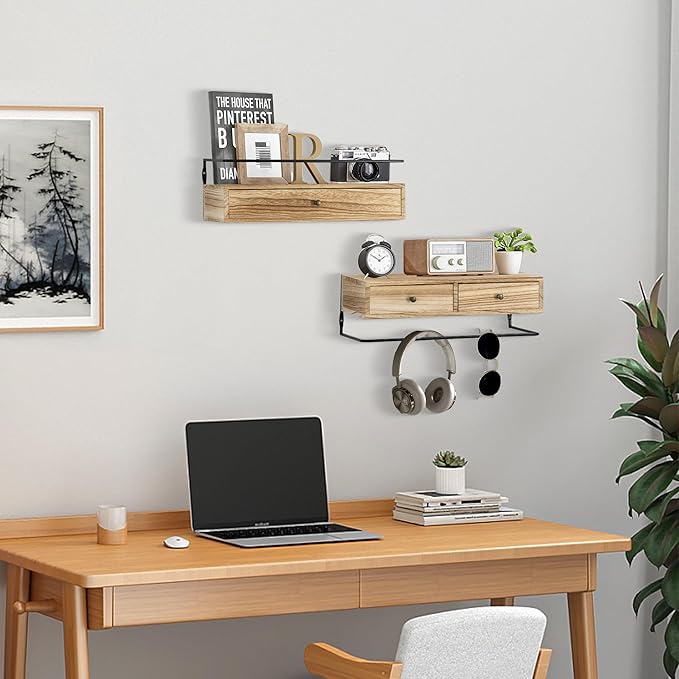 DreamPossible Floating Shelves - Wall Mounted Bathroom Shelf Set of 2 with Drawers, Rustic Wood Shelves for Bedroom, Living Room, Kitchen, Wall Decor, Plants, Books (Brown)