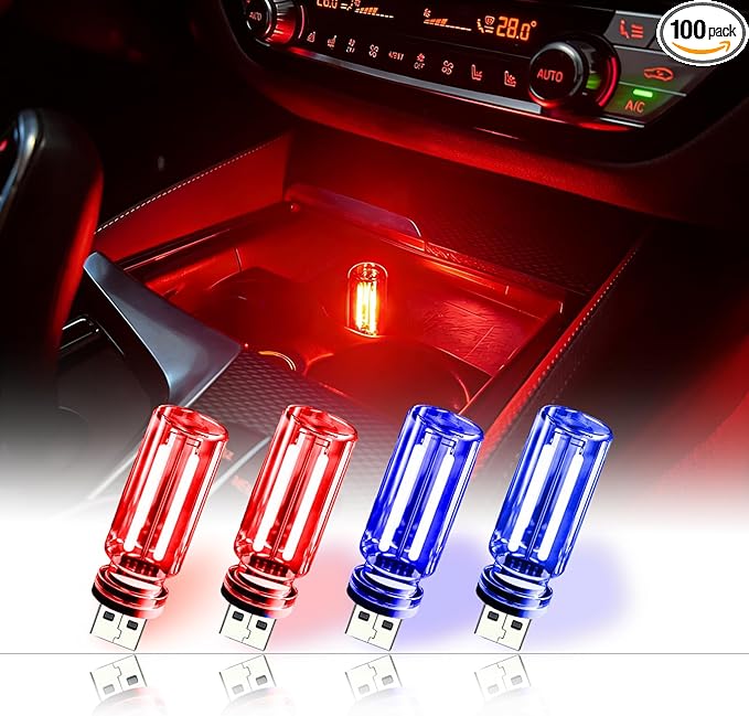 4 Pack USB Ambient Light Set,Mini Vintage Glass USB Night Lights with Touch Control & Dimmable, Plug in Car Interior Atmosphere Lamp for Bedroom,Laptop,Portable Mood Lighting(2 Red 2 Blue)